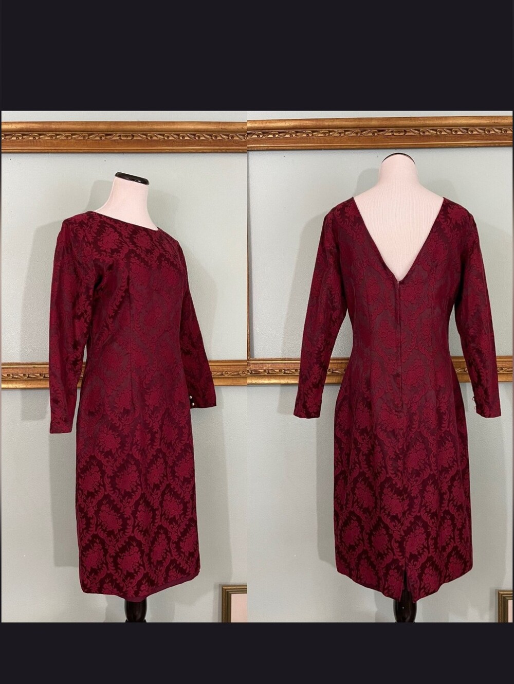 Joyce Burgundy Damask Jacquard Long Sleeve Wiggle Dress 1980s Does 1950s